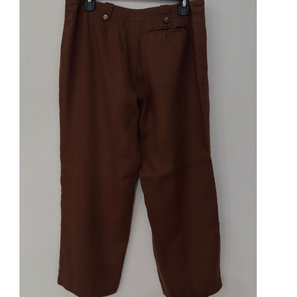J. McLaughlin Brown Linen Wide Leg Trousers High Waisted Button Tab Size 14 - Picture 5 of 8